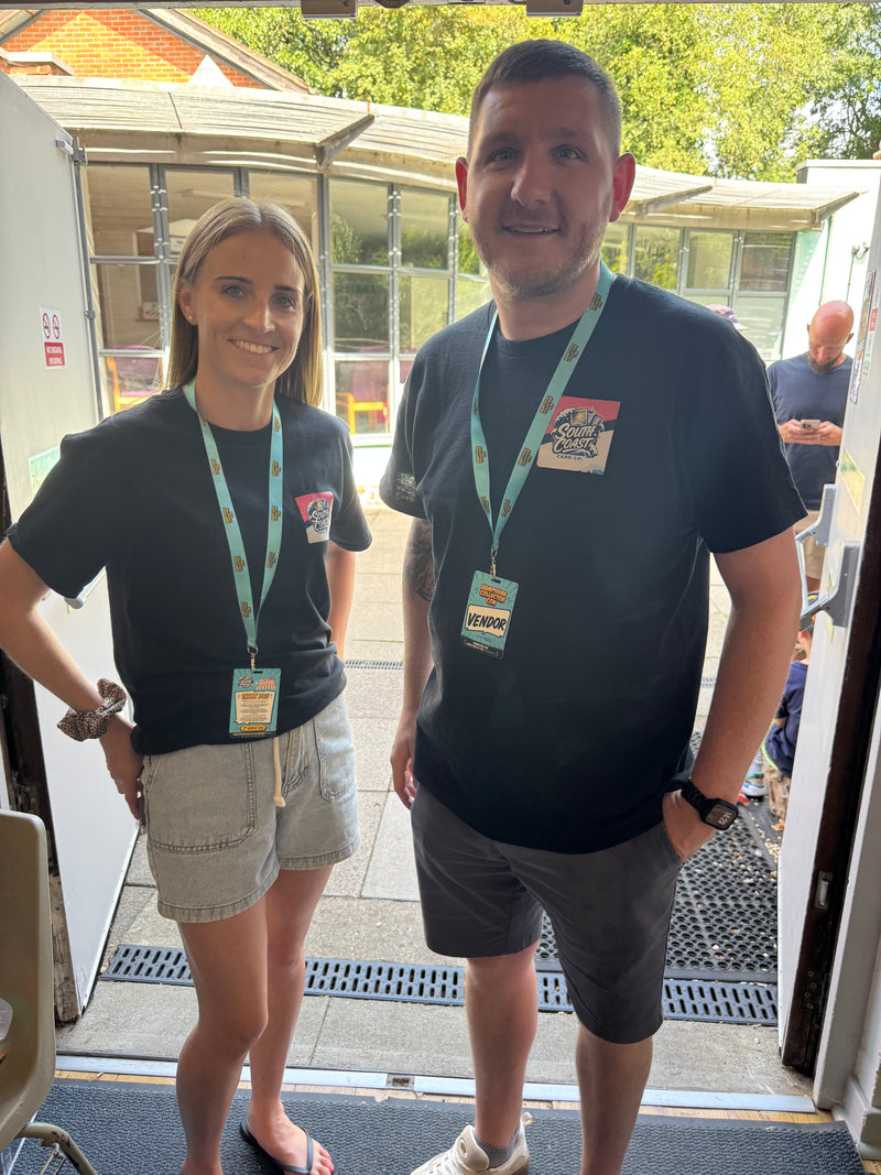 Amy and Nathan from South Coast Card Co modelling the Lanyards provided by We Print Lanyards