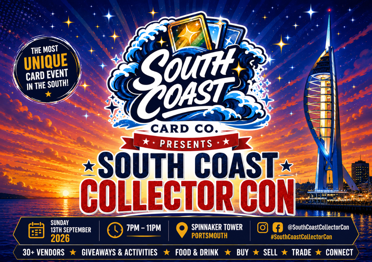 Promotional poster for South Coast Collector Con 2026, featuring a colorful sunset and harbor backdrop with the Spinnaker Tower. Large text reads 'South Coast Card Co.